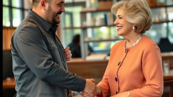 Restaurateur and a 55-year-old woman shaking hands in a restaurant.