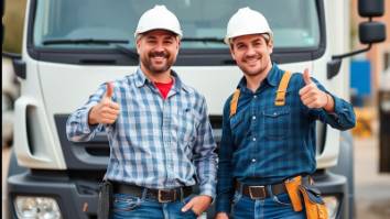 Two male contractors giving thumbs up by their truck, ready for project.