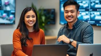 Latina woman and Asian man collaborate at a startup security service, focused on laptops.