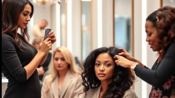 Upscale hair salon with beauticians styling diverse women’s hair