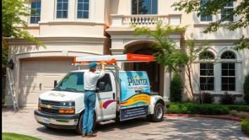 Painter painting an upscale home with a truck in the driveway.