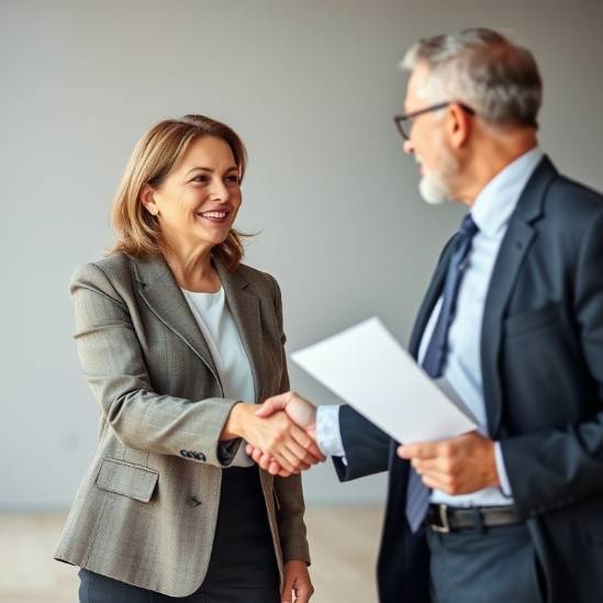 Business woman and businessman shaking hands after a successful deal.