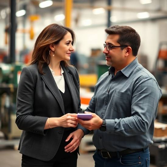 Businesswoman and businessman meeting in modern manufacturing setting.