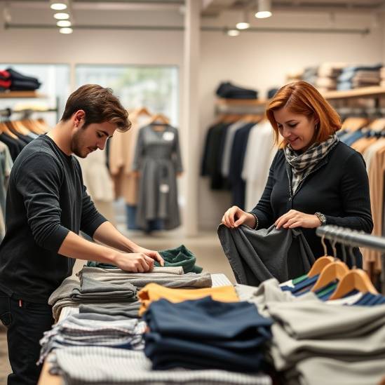 Young man and woman assisting an older woman in organizing clothing in a retail store.
