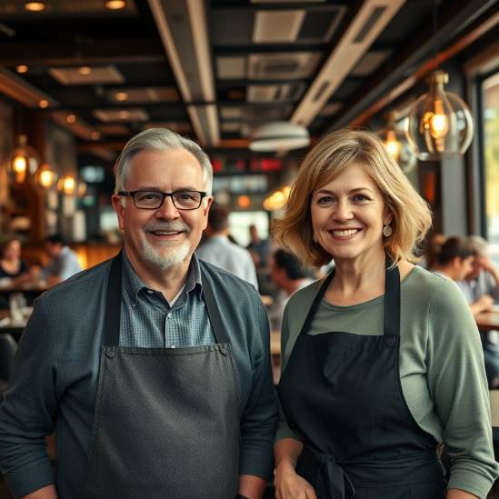 Upscale restaurant owners, a confident male and female, in a busy dining scene.